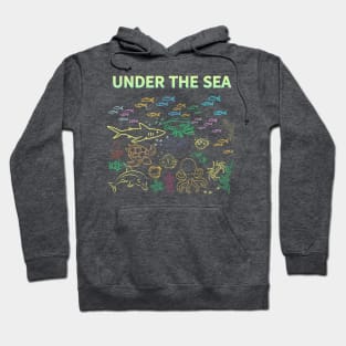 under the sea,blue sea,sea creatures,Turtle, puffer fish, starfish, shrimp, shark, tropical fish, sea horse, seaweed, sardines, squid, crabs, clams Hoodie